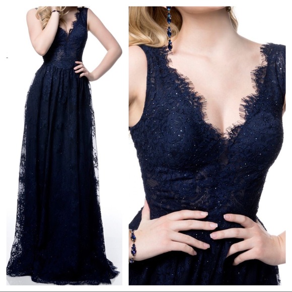 Sherri hill navy lace gown - Picture 1 of 8